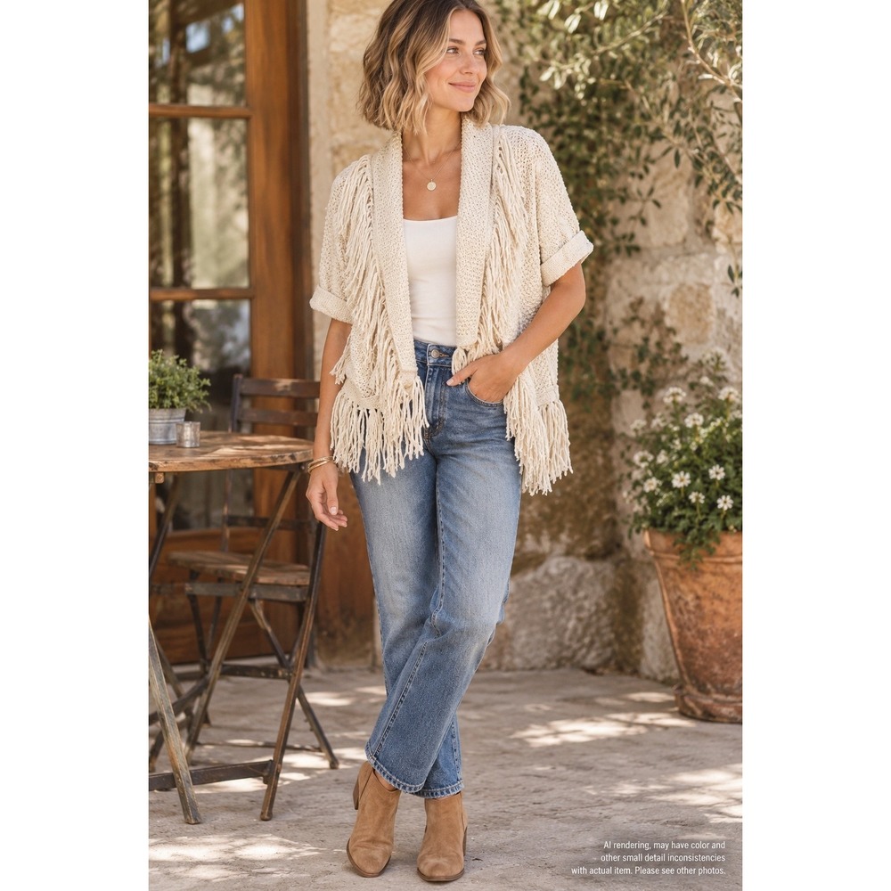 Hollister XS/S Cream Chunky Knit Fringe Cardigan Shawl Collar Boho Western